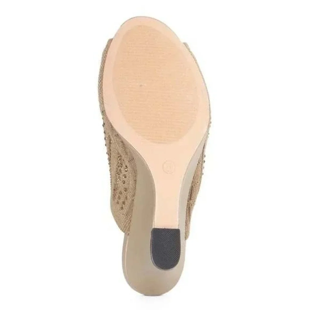Lauren Lorraine‎ Gold Embellished Knit Open Wedge Heel Shoes Mules  Sz 6 /#S1104